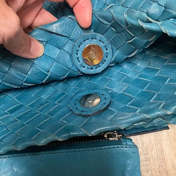 FALOR WOVEN ITALIAN SUPPLE LEATHER HANDBAG ITALIA TEAL W/ COIN POUCH ELEGANT EUC - Picture 9 of 14